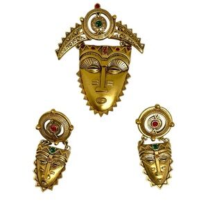Avon Tribal Mask Brooch & Earrings
